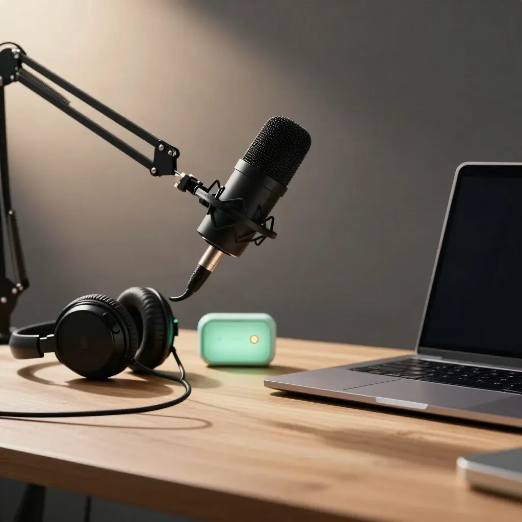 Webinar-Setup mit Mikrofon, Kopfhörern und Laptop auf warmem Holztisch, mintgrünes Statuslicht.