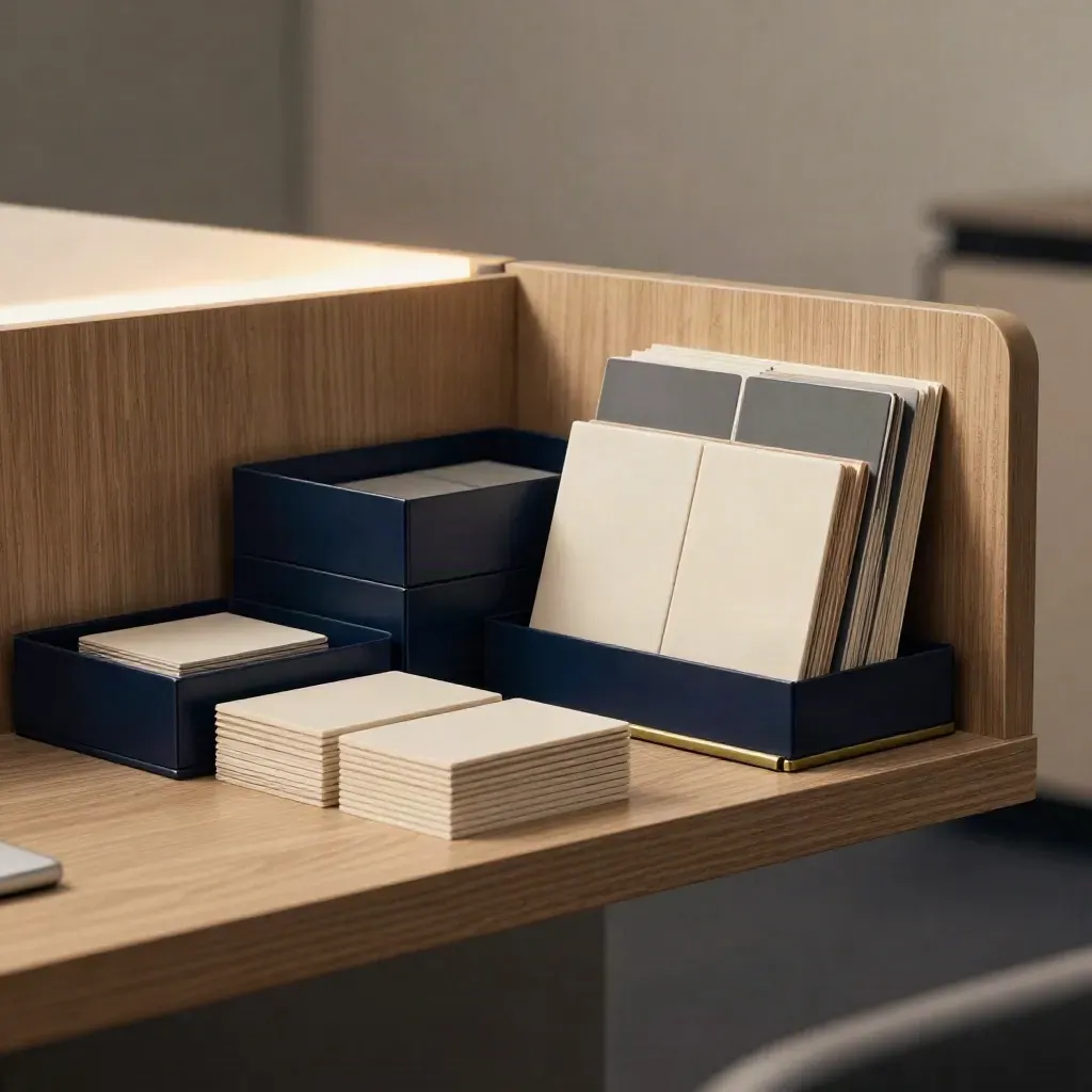 Edle Steuerberater-Ecke mit Kartenstapeln, frosted Acrylschild und navyfarbenen Boxen.