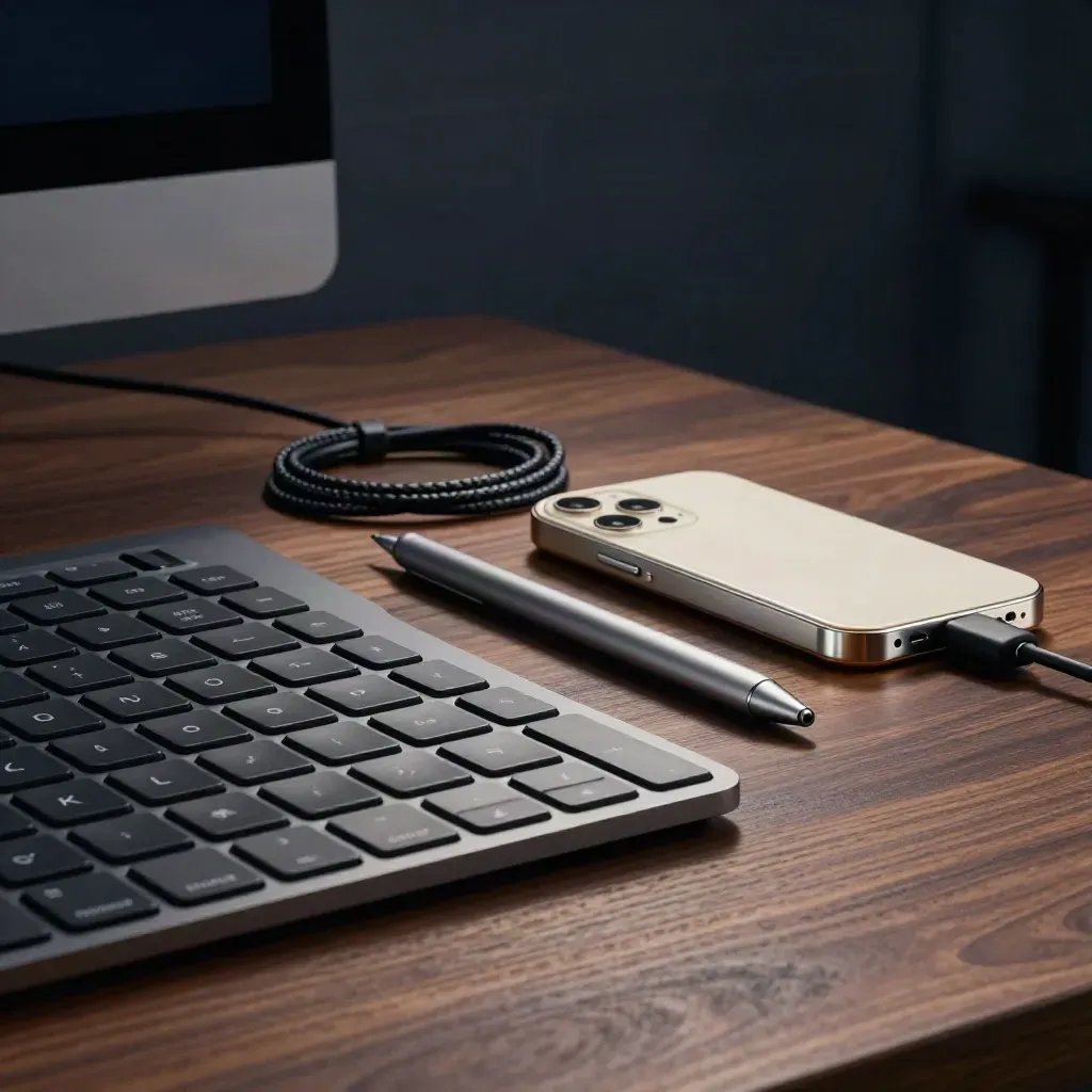 Dramatisches Stillleben mit Tastatur, Stift, Handy-Prototyp und Kabeln auf dunkler Werkbank.