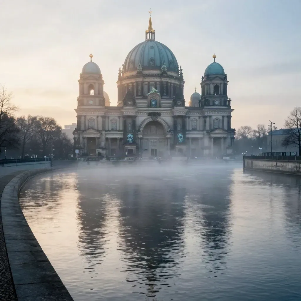 Berlin im Morgennebel: Museuminsel und Spree mit ruhiger Wasserfläche