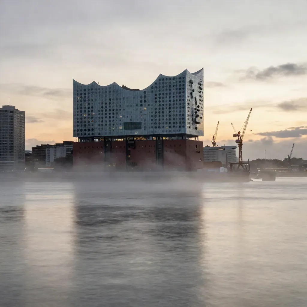 Hamburg im Blauton mit Elbphilharmonie, Hafenkränen und Nebel über ruhigem Wasser