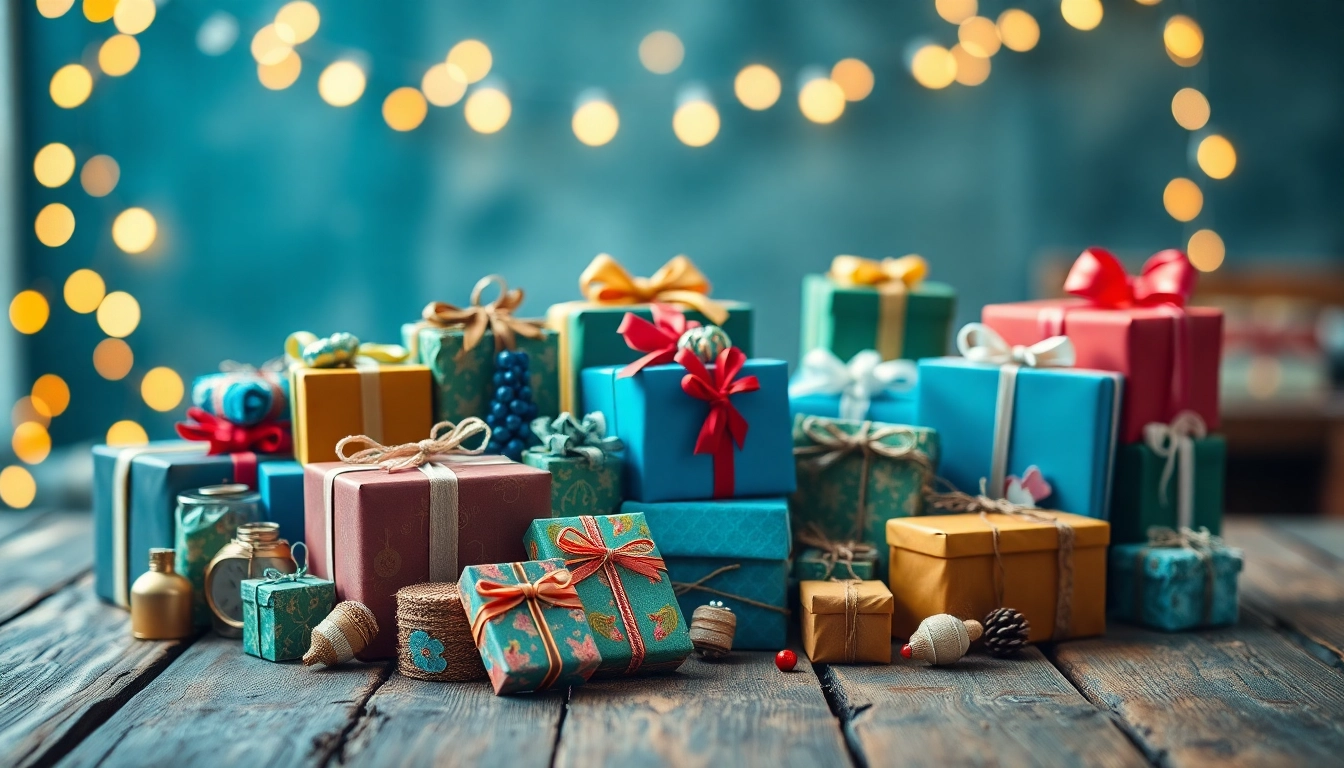 Vielfältige Geschenkideen auf einem rustikalen Tisch in warmem Licht präsentiert.
