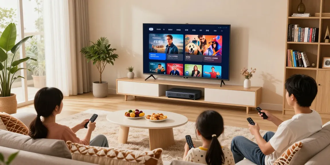 Die Familie genießt entspannte Stunden mit dem TV Smart Player im modernen Wohnzimmer, umgeben von stilvoller Einrichtung.