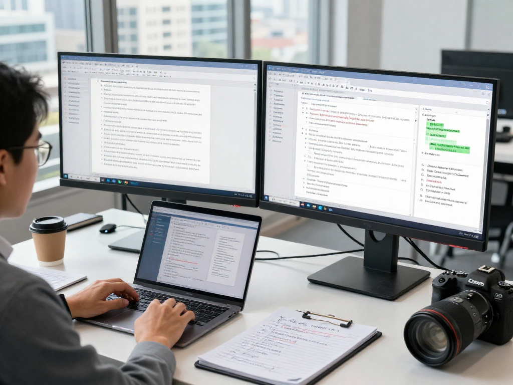 Compliance officer using AI for document fraud detection analysis in a high-tech office.