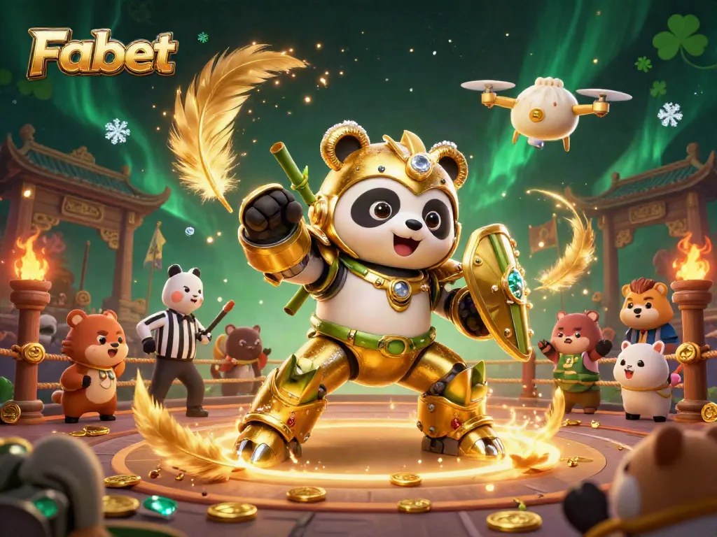 Engage in thrilling sports betting with Fabet featuring a legendary mech-suit panda in a vibrant arena.