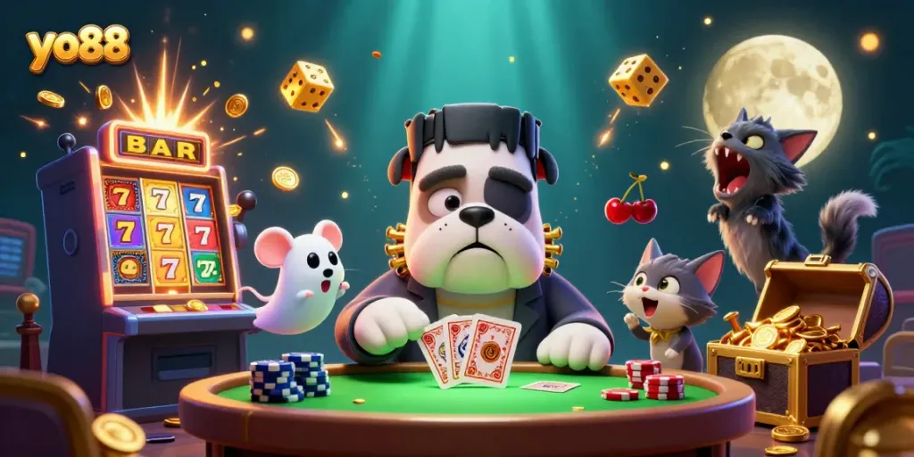 Engaging scene of yo88 with a monster dealer at a casino table and a ghost mouse, celebrating with jackpot symbols.