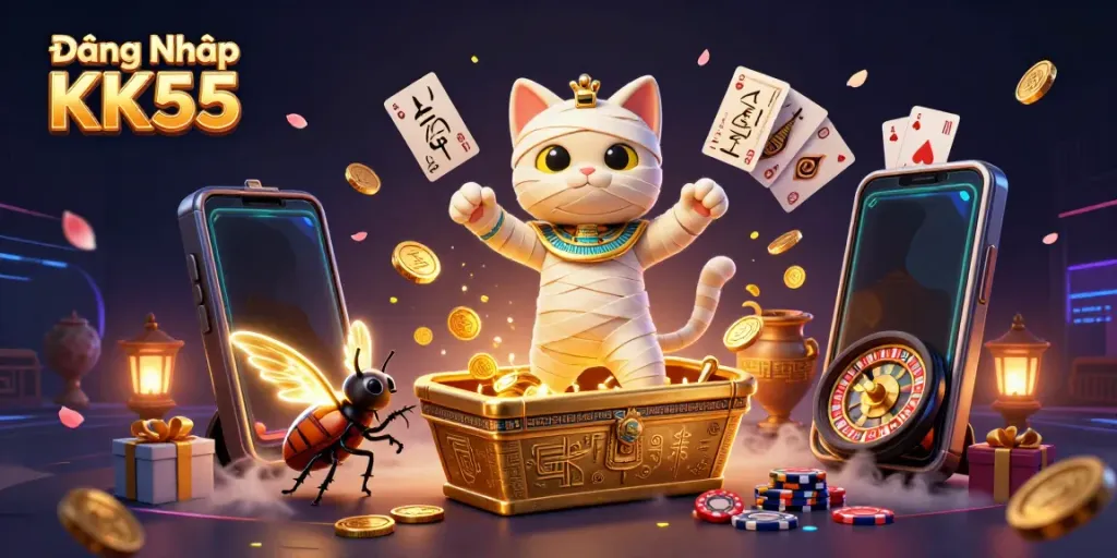 Experience the thrill of Đăng Nhập KK55 with a dynamic casino scene featuring a mummy cat.