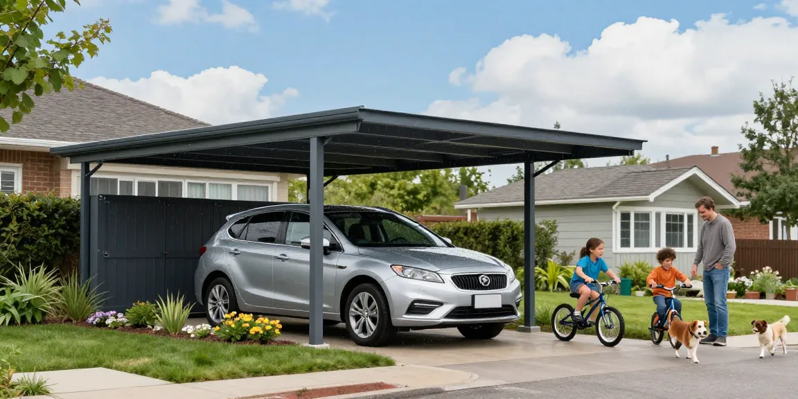 Moderne Carport-Struktur in einem Wohnumfeld mit einem silbernen Auto, das Schutz vor Regen bietet.