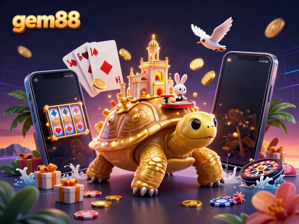 Experience gem88 with a vibrant 3D digital casino featuring a tortoise, rabbit dealer, and flying coins.