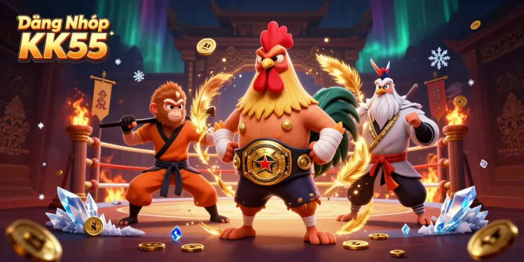 Experience the thrill of Đăng Nhập KK55 with dynamic casino-themed characters and vibrant game elements.