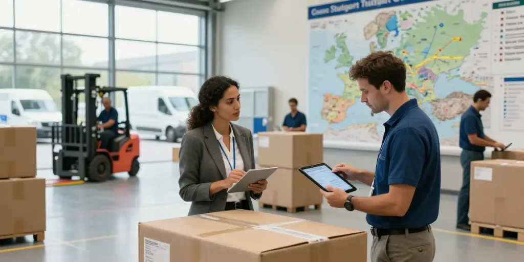 Spedition in Stuttgart zeigt ein Team, das internationale Transporte koordiniert.