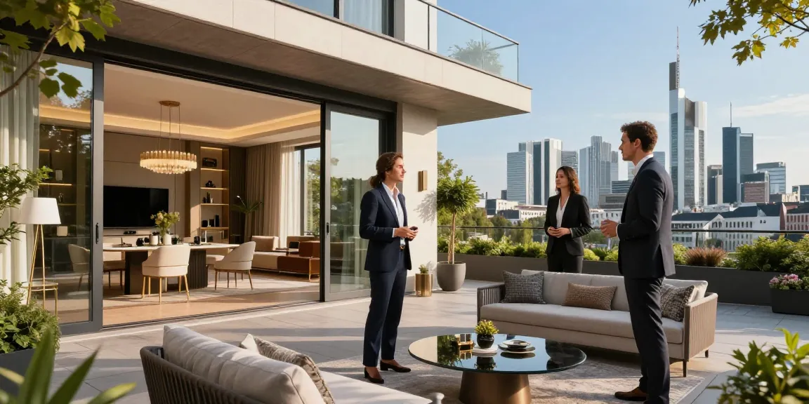 Bester Immobilienmakler Frankfurt präsentiert modernes Immobilienexposé in Frankfurt mit stilvoller Einrichtung und Skyline-Blick.