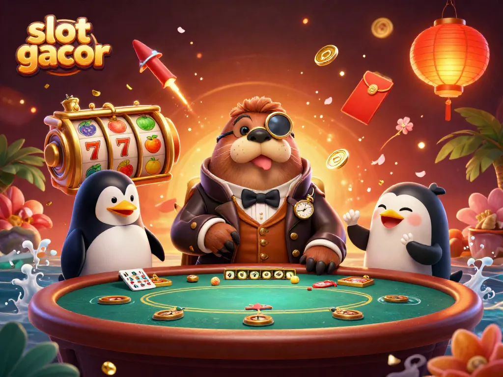 Engaging scene of slot gacor action with a walrus at a poker table, showcasing dynamic game elements.