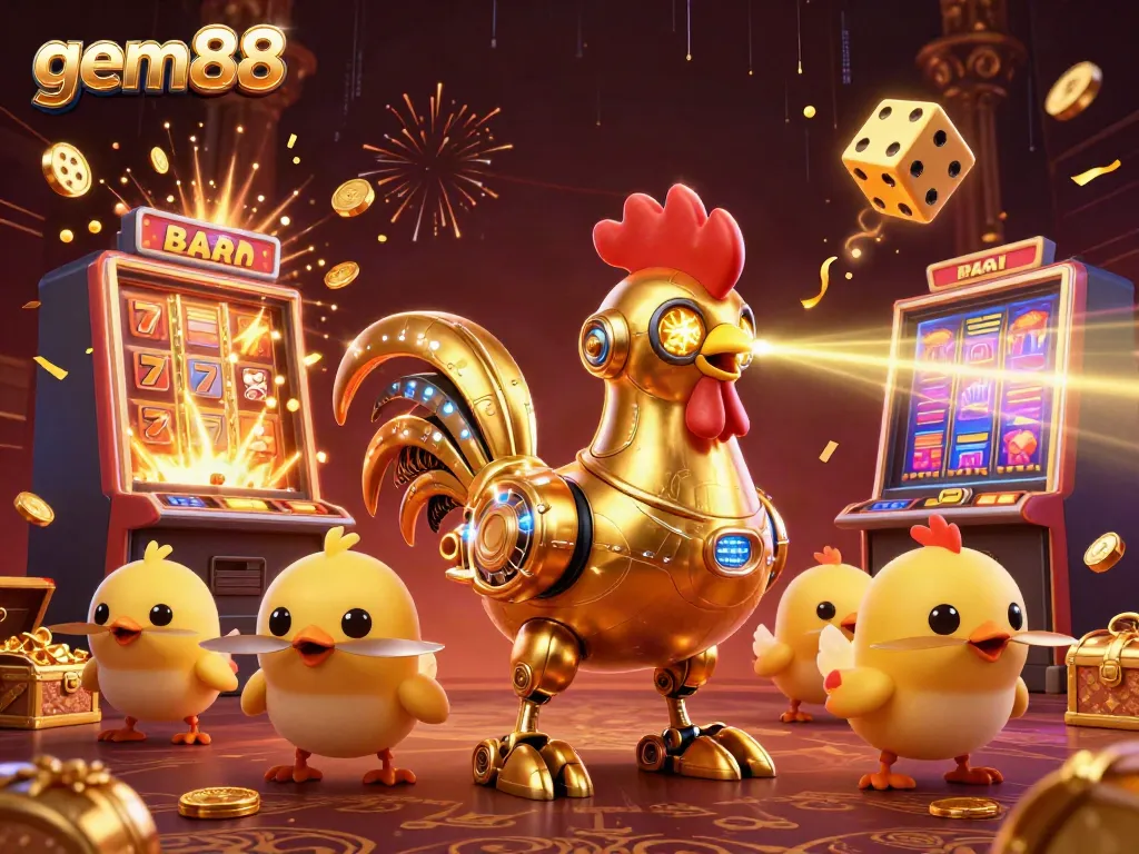 Engage with gem88's vibrant casino scene featuring a golden rooster robot and slots bursting with jackpots.