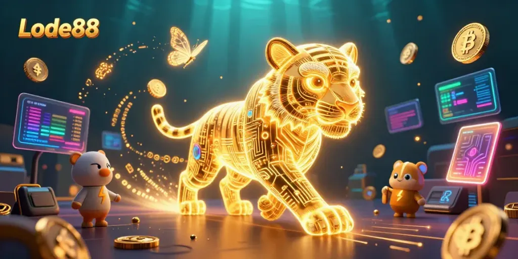 Experience thrilling gameplay with Lode88's vibrant casino scene, featuring a neon tiger and crypto elements.