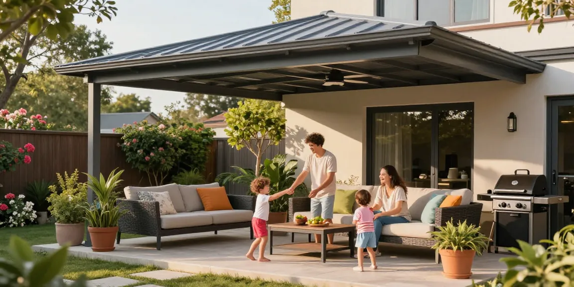 Moderne Terrassenüberdachung schützt eine Familie beim Entspannen im Garten.