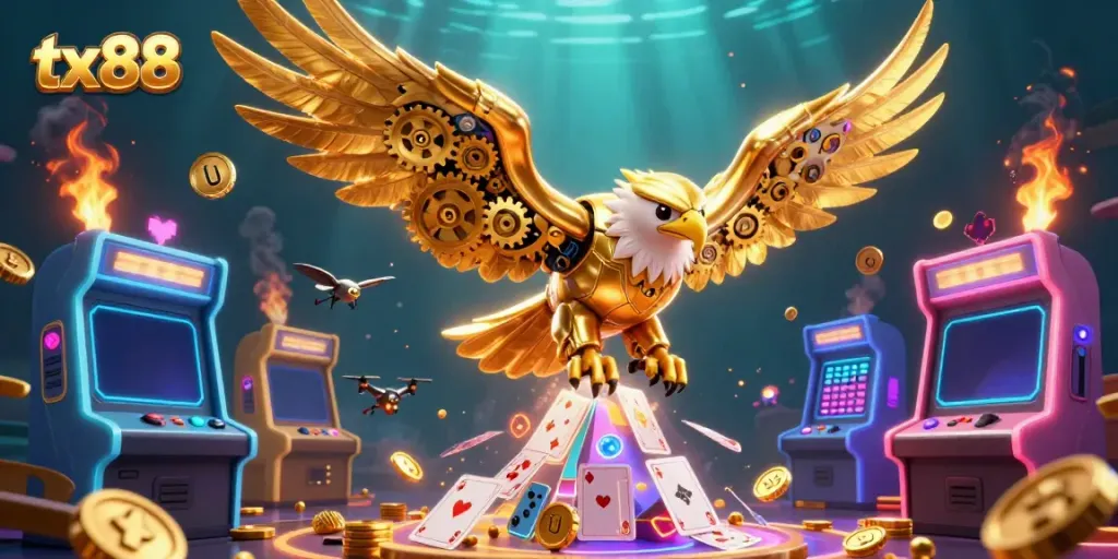 Experience a thrilling dive with tx 88, featuring a cybernetic eagle amidst holographic cards and casino elements.