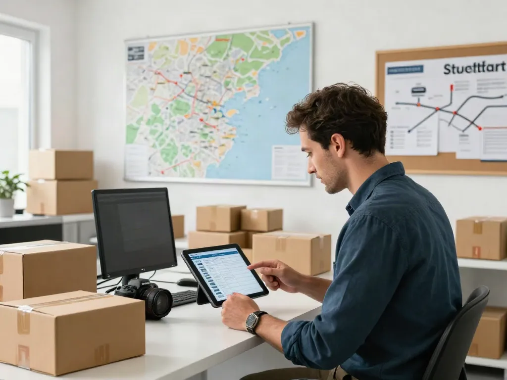 Spedition in Stuttgart: Logistikmanager plant den Versand von Waren in modernem Büro.