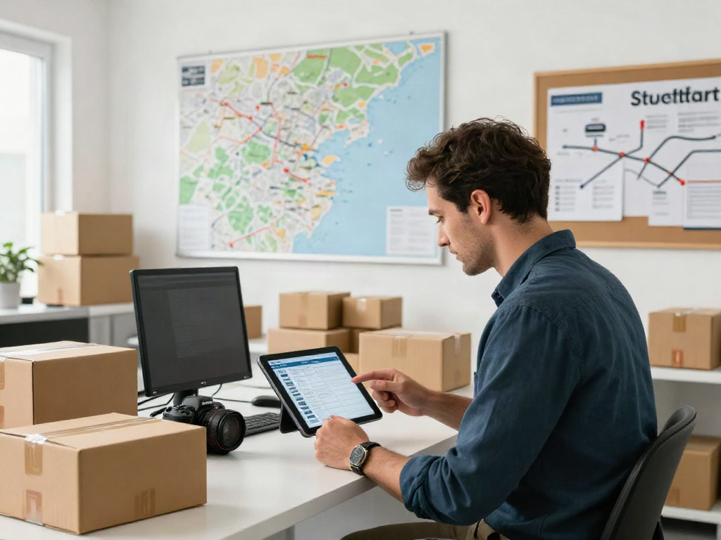Spedition in Stuttgart: Logistikmanager plant den Versand von Waren in modernem Büro.