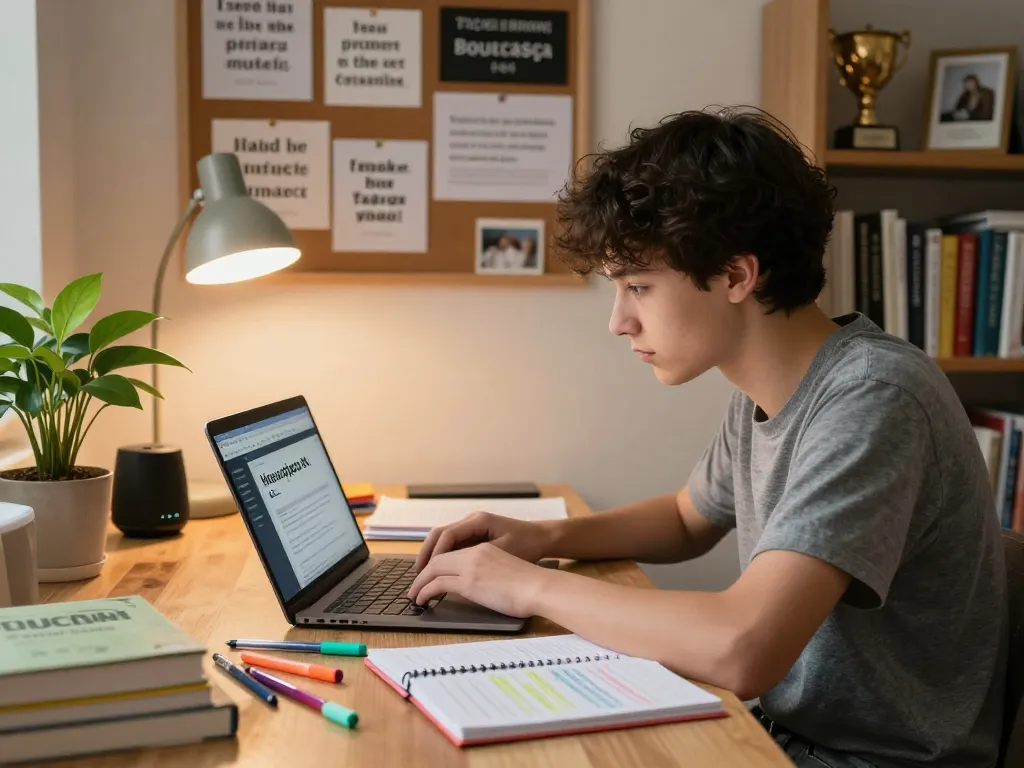 Student, der Hausaufgaben KI in einer gemütlichen Bibliotheksumgebung mit Büchern und Notizen nutzt.