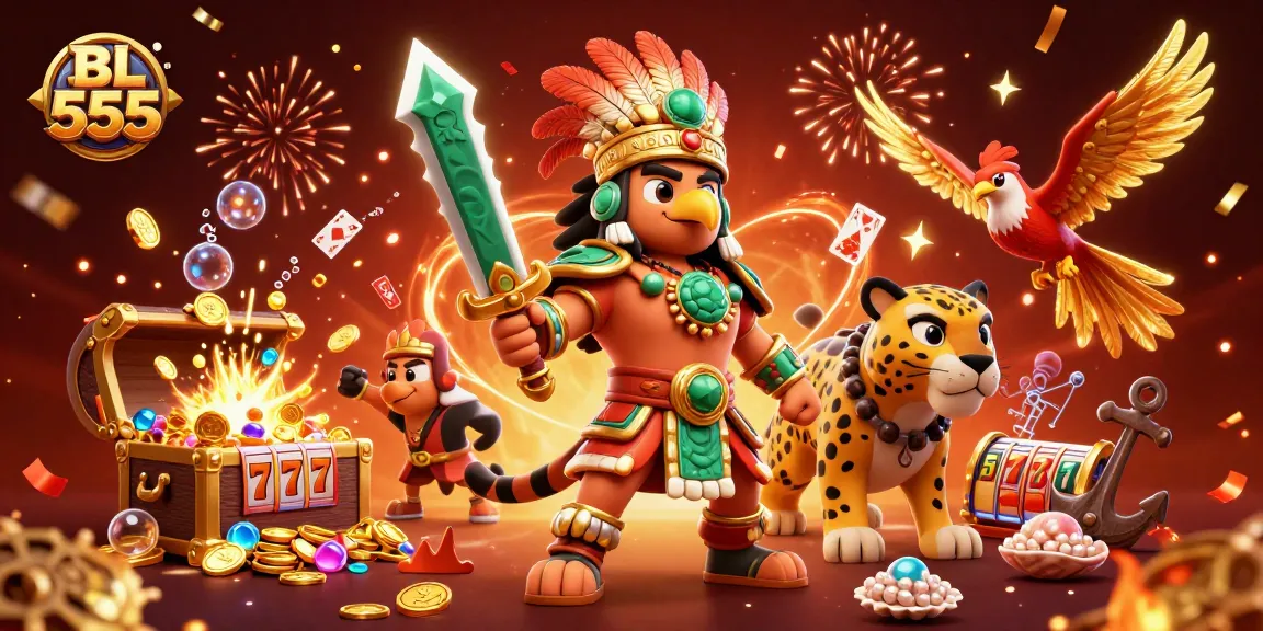 Spin and win at BL 555, a vibrant casino scene featuring warriors and treasure.
