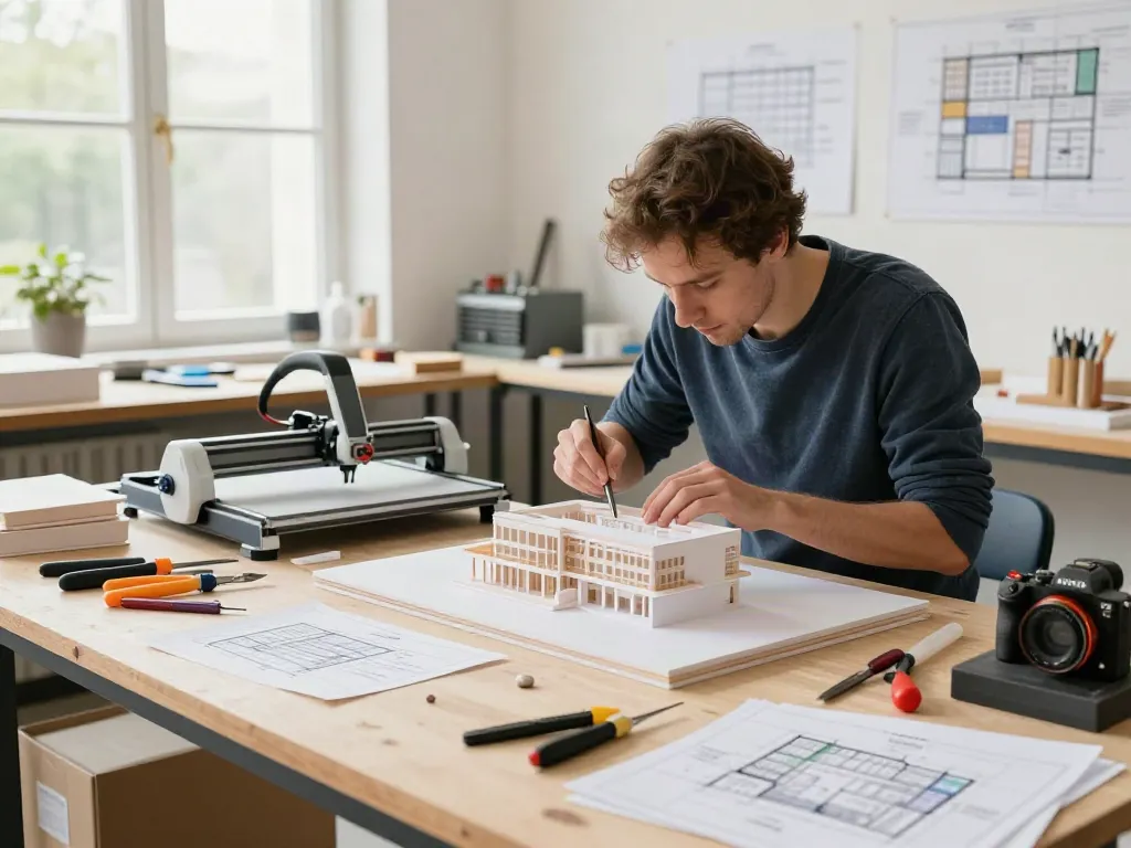 Architekturmodellbau Frankreich: Detaillierte Modellbauer arbeiten an Miniaturgebäuden in kreativem Atelier.