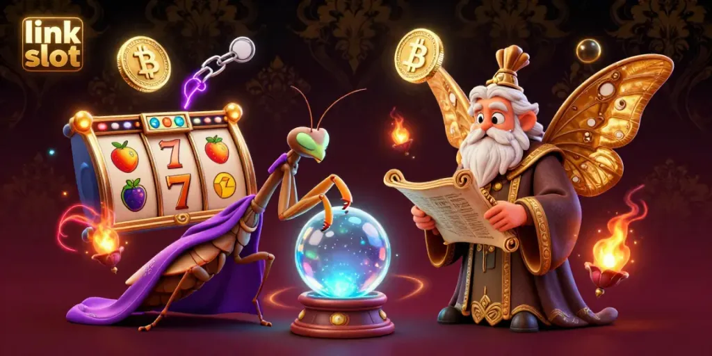 Experience winning with link slot in enchanting casino scene featuring fortune teller and game elements.