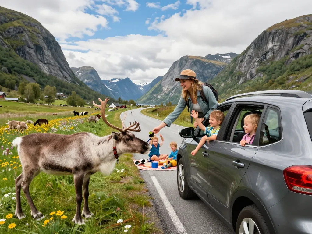 Familie genießt Urlaub in Skandinavien während einer Autofahrt durch Norwegens atemberaubende Fjorde mit Kindern und Landschaft.