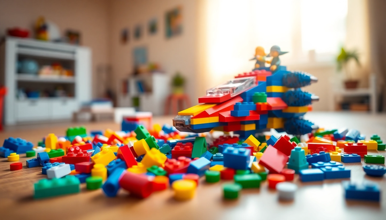 Lego Raumschiff und bunte Lego-Steine auf dem Tisch präsentiert
