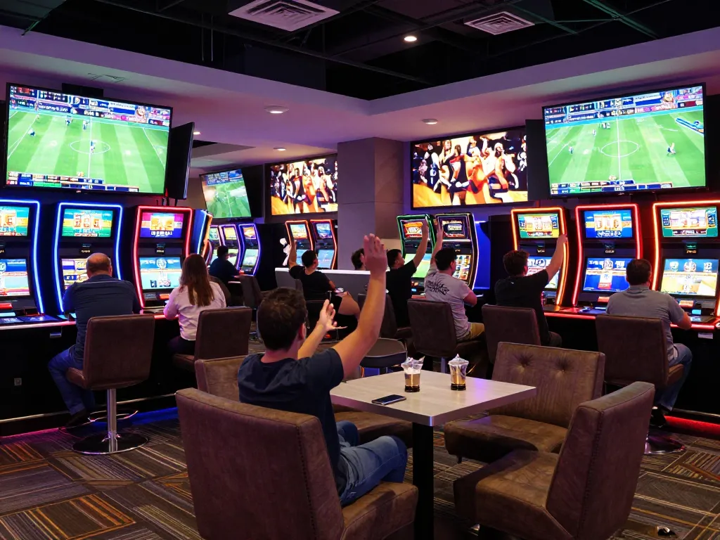 Patrons engaging in sports betting excitement at PHPVIP's casino lounge, showcasing dynamic screens and vibrant atmosphere.