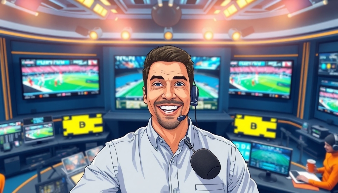Engaging sports broadcasting environment showcasing live action and a dynamic host.