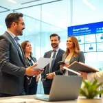 Headhunter IT in a professional office discussing with clients, generating opportunities.