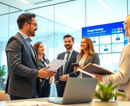 Headhunter IT in a professional office discussing with clients, generating opportunities.