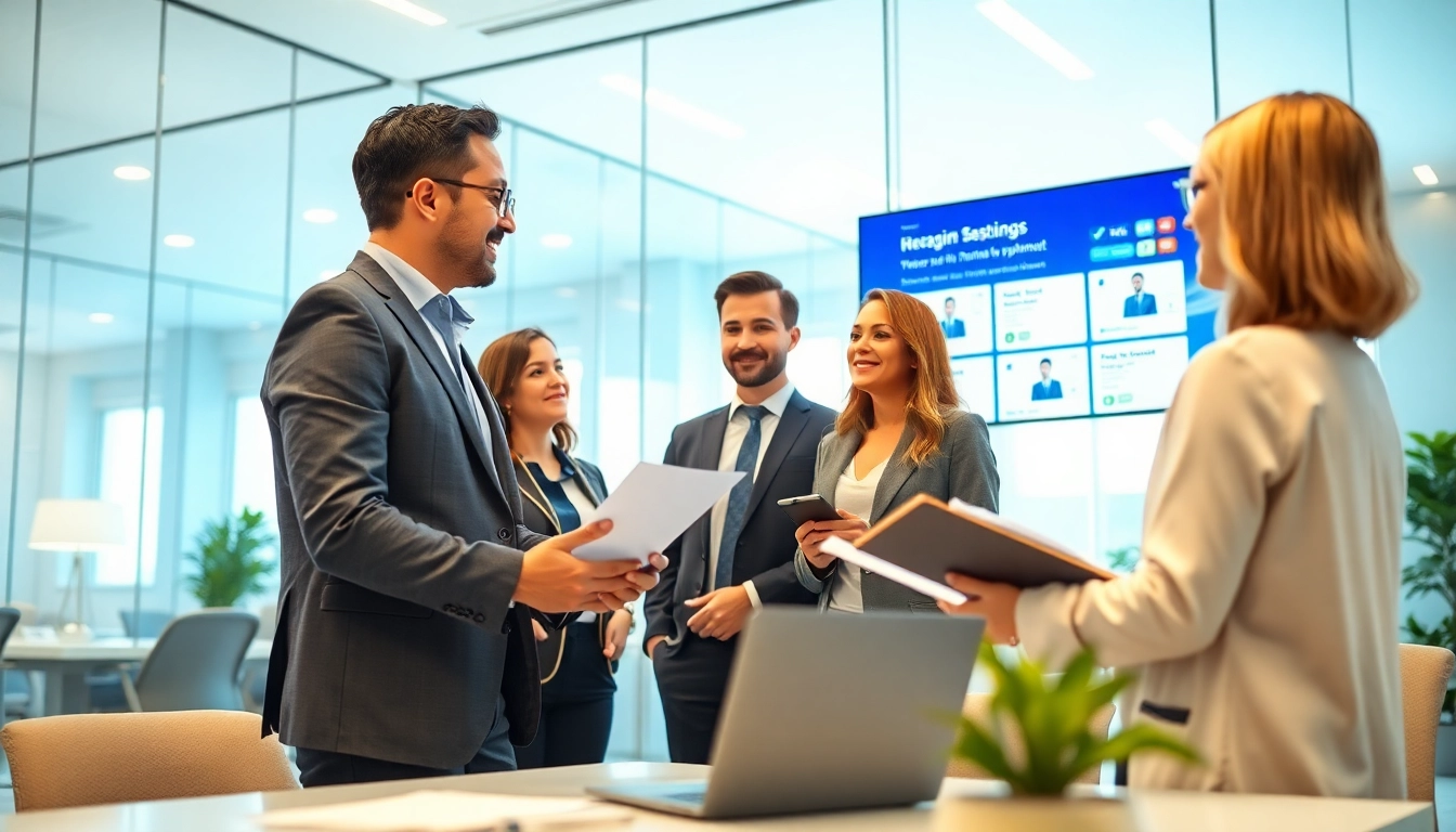 Headhunter IT in a professional office discussing with clients, generating opportunities.