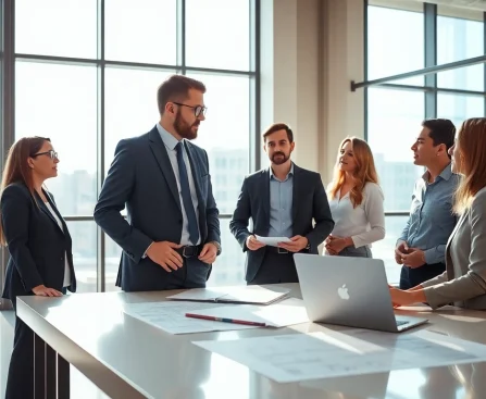 Headhunter Ingenieure in einem modernen Büro, engagiert in eine Diskussion mit Ingenieuren.