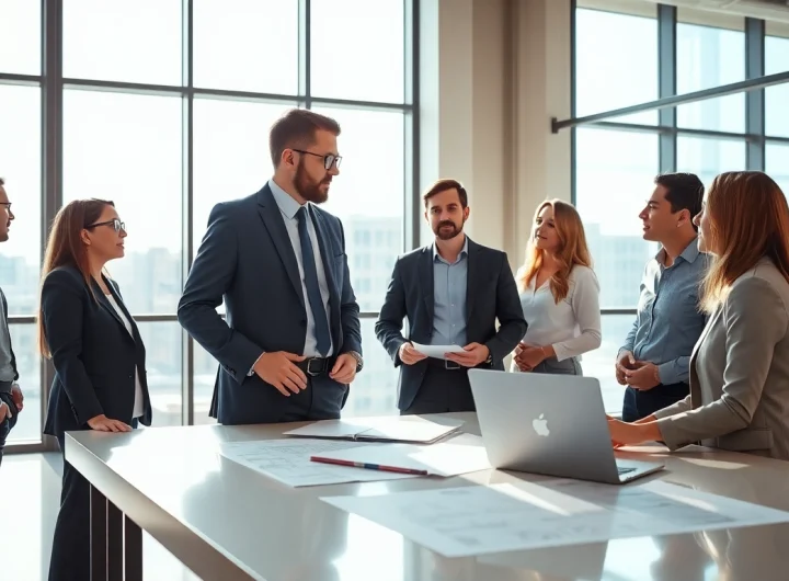 Headhunter Ingenieure in einem modernen Büro, engagiert in eine Diskussion mit Ingenieuren.