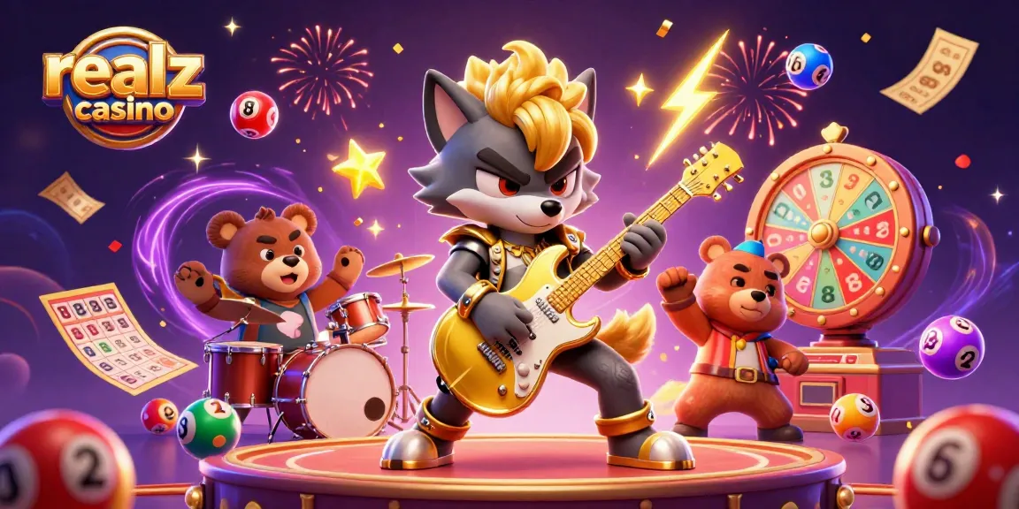 Experience the excitement of realz casino with a vibrant 3D illustration of lively characters and casino elements.