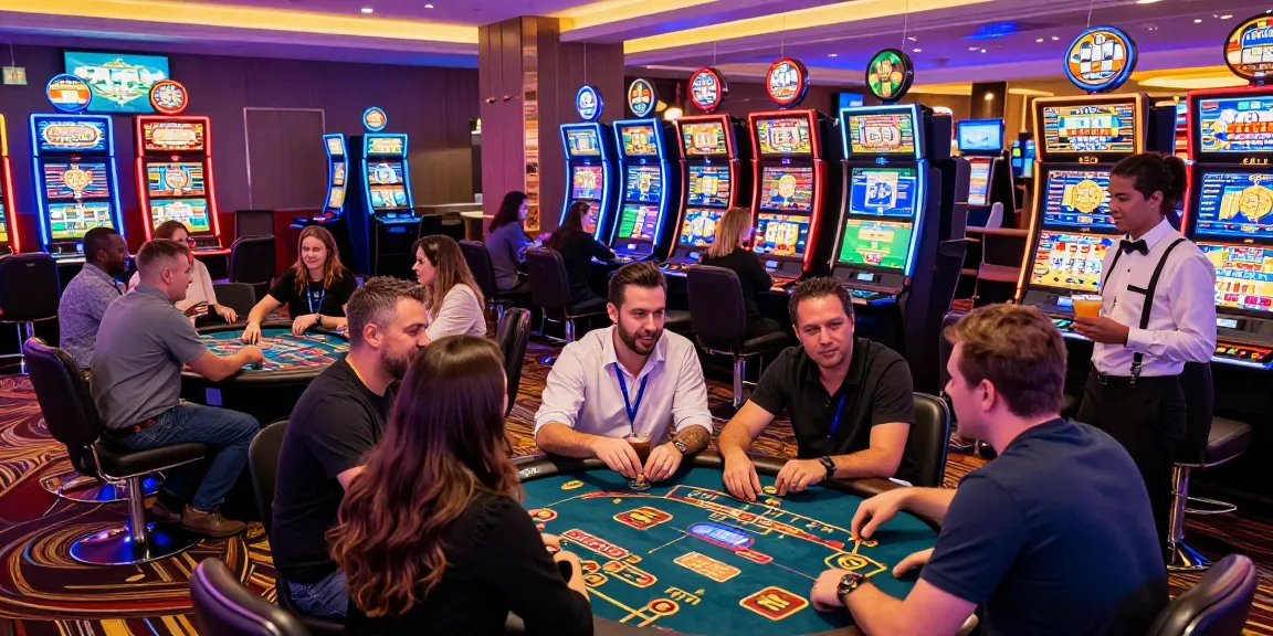 FAFA 828 lively casino gaming area with excited players at various tables and slot machines.