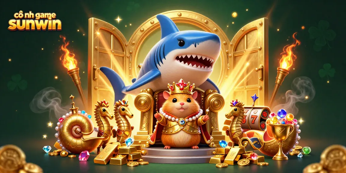 Engage in thrilling gaming at cổng game sunwin with a fierce hamster king and treasure-filled backdrop.